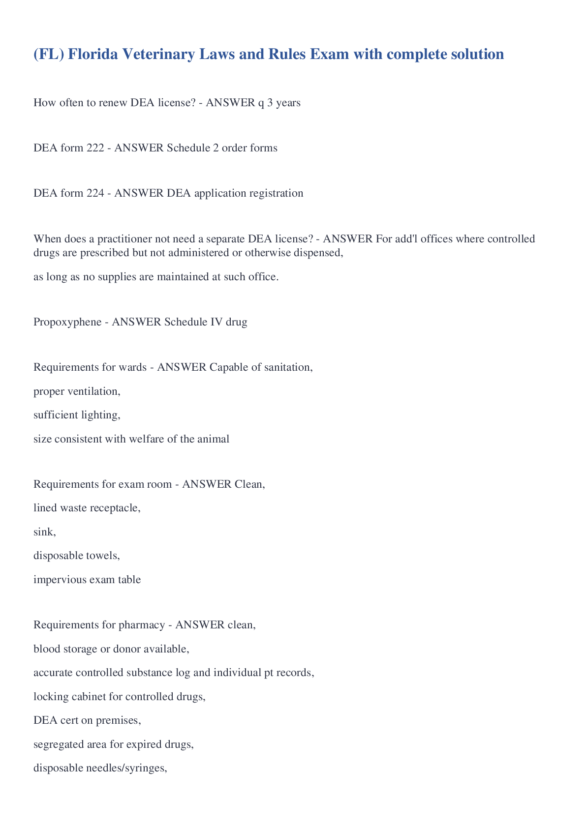 (FL) Florida Veterinary Laws and Rules Exam with complete solution